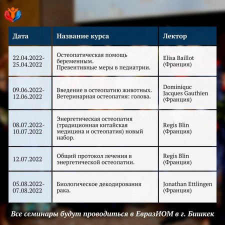 Расписание последипломных семинаров Евразийского Института Остеопатической Медицины на 2022 год!