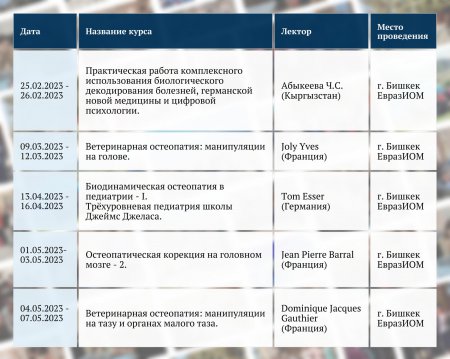 Представляем вам расписание последипломных семинаров Евразийского Института Остеопатической Медицины на 2023 год!